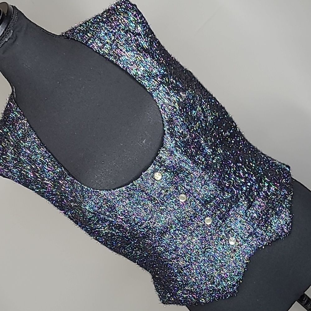 Homemade festive vest.  Beautiful purple, blue pink multicolor textured fabric.